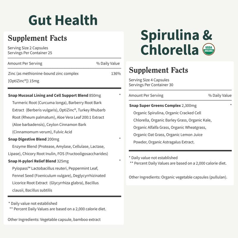 Gut Health Bundle - Snap Supplements - Gut Health + Spirulina & Chlorella - Natural Supplement Bundle Prebiotics Probiotics Dietary