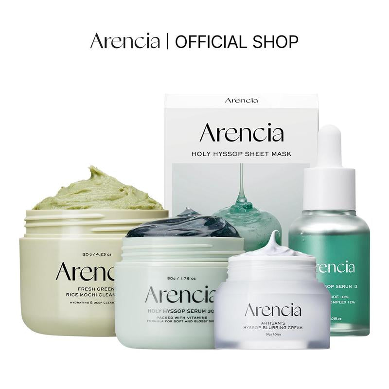 [Official Arencia Store] Glass Skin Renewal Set - Spotless Skin 5 Step Routine with Fresh Green Rice Mochi Cleanser Holy Hyssop Serum 12 30 Hyssop Blurring Cream & Sheet Mask for Calming Acne Antibacterial & Clear Skin Balm Blend Detox Foam