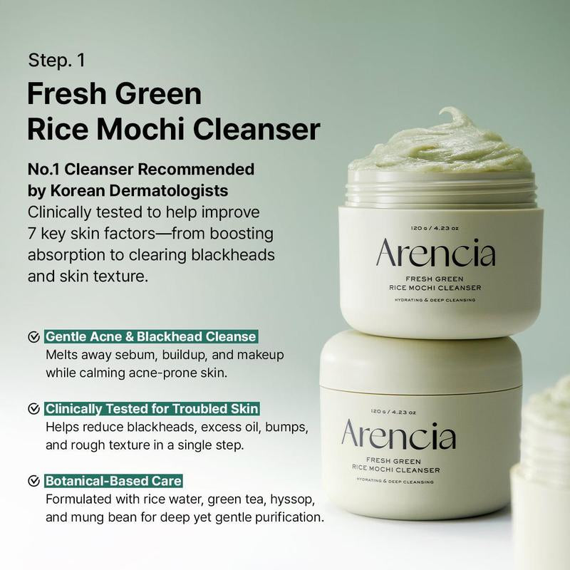 [Official Arencia Store] Glass Skin Renewal Set - Spotless Skin 5 Step Routine with Fresh Green Rice Mochi Cleanser Holy Hyssop Serum 12 30 Hyssop Blurring Cream & Sheet Mask for Calming Acne Antibacterial & Clear Skin Balm Blend Detox Foam