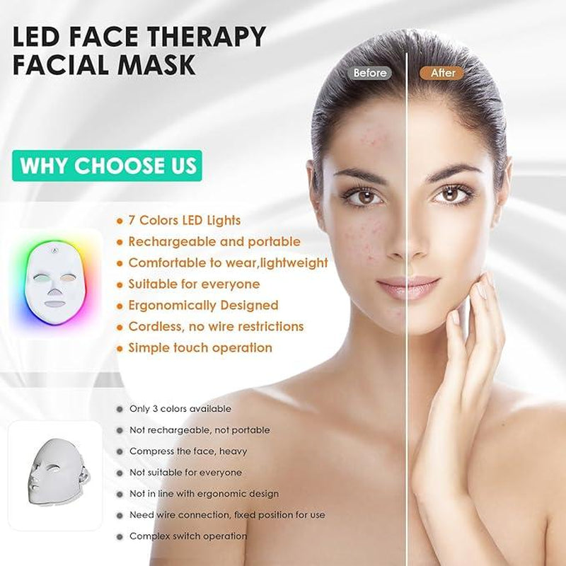 Red Light Therapy, 7 Color LED Light Face Mask, Photon Skin Rejuvenation for Daily Care, Cordless, Rechargeable, Ideal Gift for Women, Summer Gift Skincare Facial