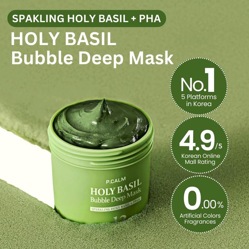 [P.CALM Official] Holy Basil Bubble Deep Mask 13% - Sparkling Holy Basil & PHA for Cleansing Pores & Blackheads Korean Clay Bubble Wash off Pack 90G