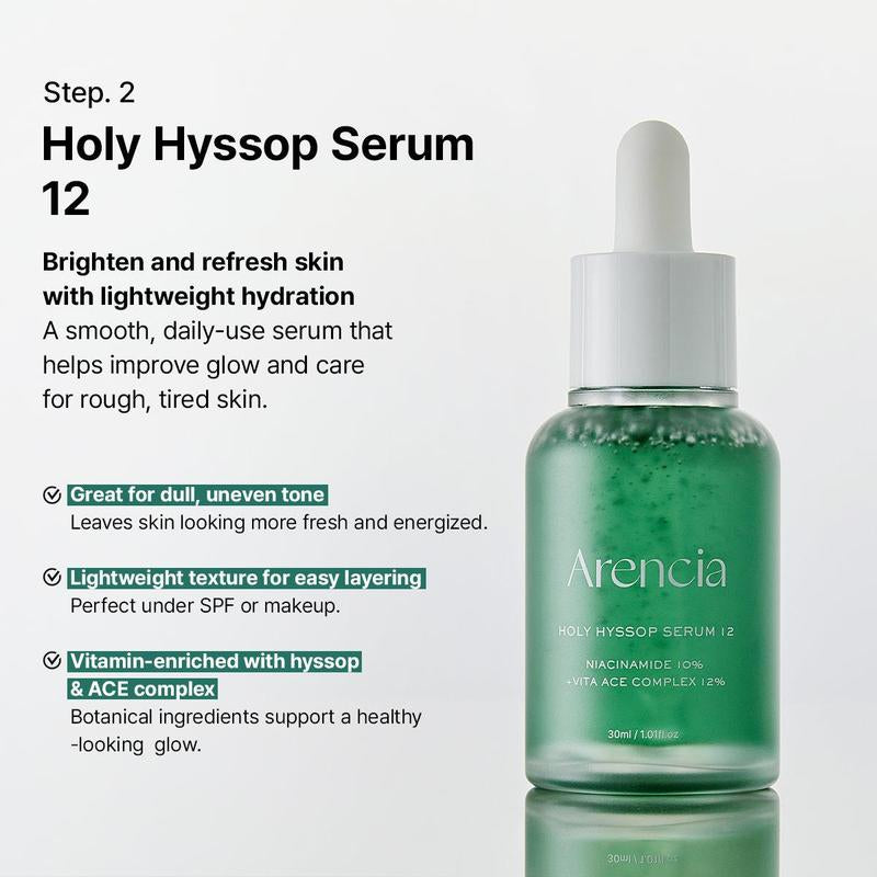 [Official Arencia Store] Glass Skin Renewal Set - Spotless Skin 5 Step Routine with Fresh Green Rice Mochi Cleanser Holy Hyssop Serum 12 30 Hyssop Blurring Cream & Sheet Mask for Calming Acne Antibacterial & Clear Skin Balm Blend Detox Foam