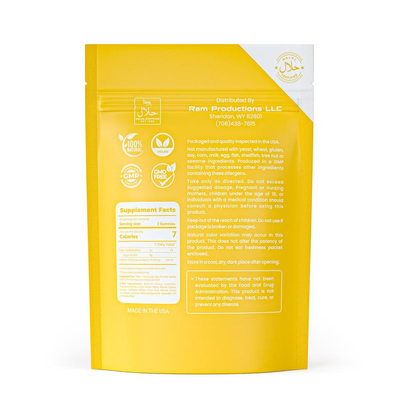 Halal Certified Vitamin D3 Gummies 2000 IU - Sugar-Free, Vegan, & High Absorption - Cholecalciferol Supplement - Tasty Gummies for Adults