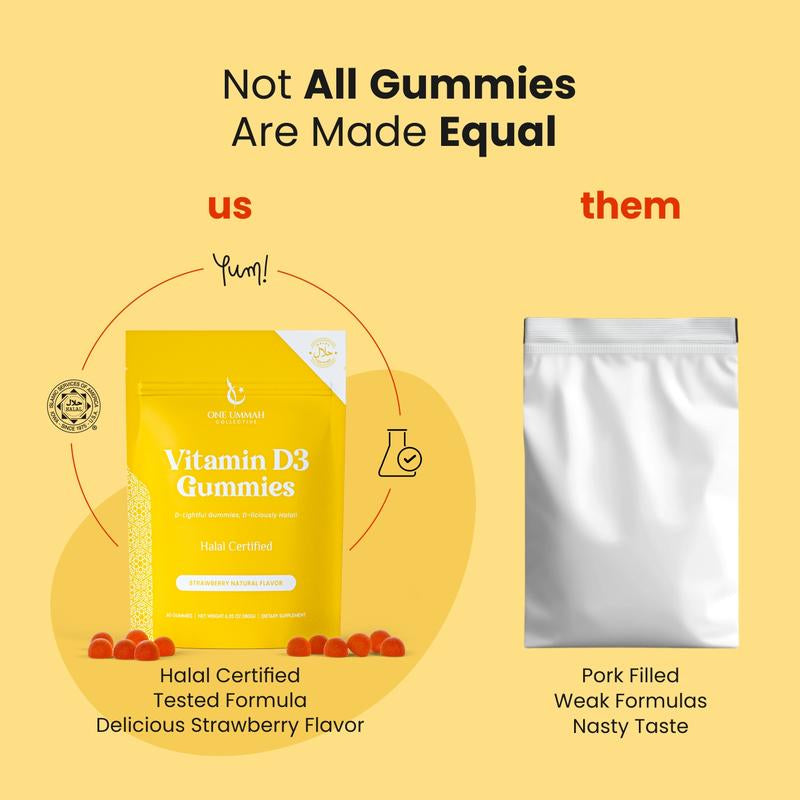 Halal Certified Vitamin D3 Gummies 2000 IU - Sugar-Free, Vegan, & High Absorption - Cholecalciferol Supplement - Tasty Gummies for Adults