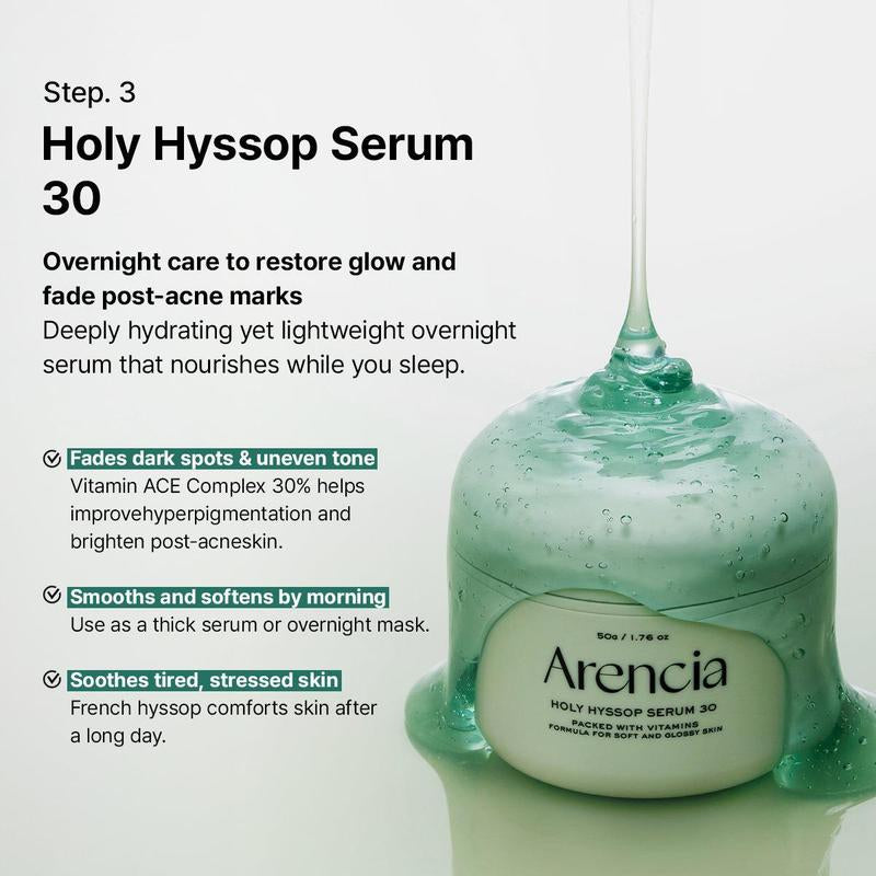 [Official Arencia Store] Glass Skin Renewal Set - Spotless Skin 5 Step Routine with Fresh Green Rice Mochi Cleanser Holy Hyssop Serum 12 30 Hyssop Blurring Cream & Sheet Mask for Calming Acne Antibacterial & Clear Skin Balm Blend Detox Foam