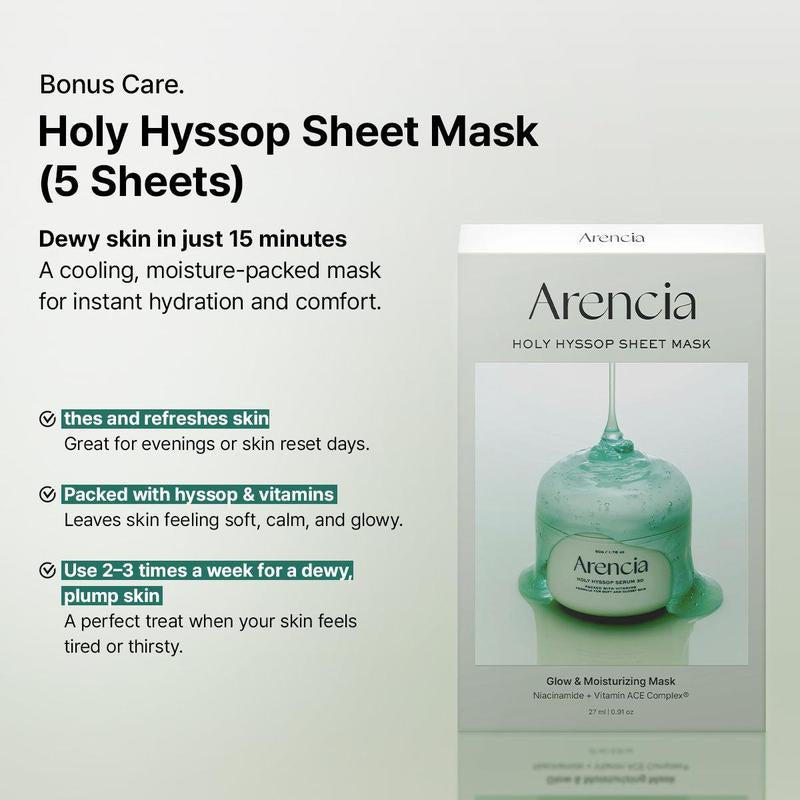 [Official Arencia Store] Glass Skin Renewal Set - Spotless Skin 5 Step Routine with Fresh Green Rice Mochi Cleanser Holy Hyssop Serum 12 30 Hyssop Blurring Cream & Sheet Mask for Calming Acne Antibacterial & Clear Skin Balm Blend Detox Foam